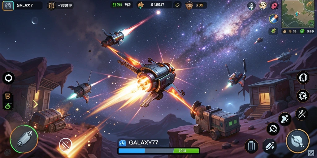 Tangkapan layar GALAXY77 menampilkan aksi di luar angkasa yang mendebarkan.