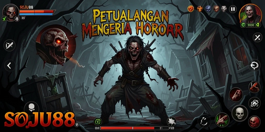 Screenshot utama SOJU88 menampilkan suasana mencekam di lokasi angker.